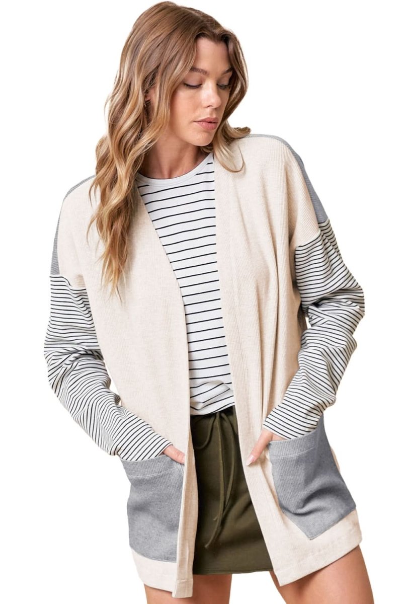 Colorblock Striped Open Front Cardigan with Pockets in Black - Love Salve